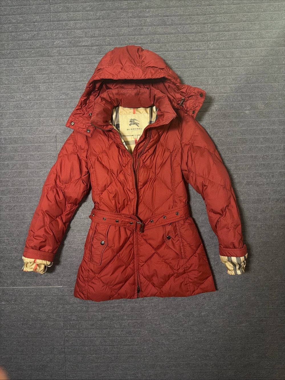 Burberry London Women’s Down Nova check Quilted Hooded Coat — Red